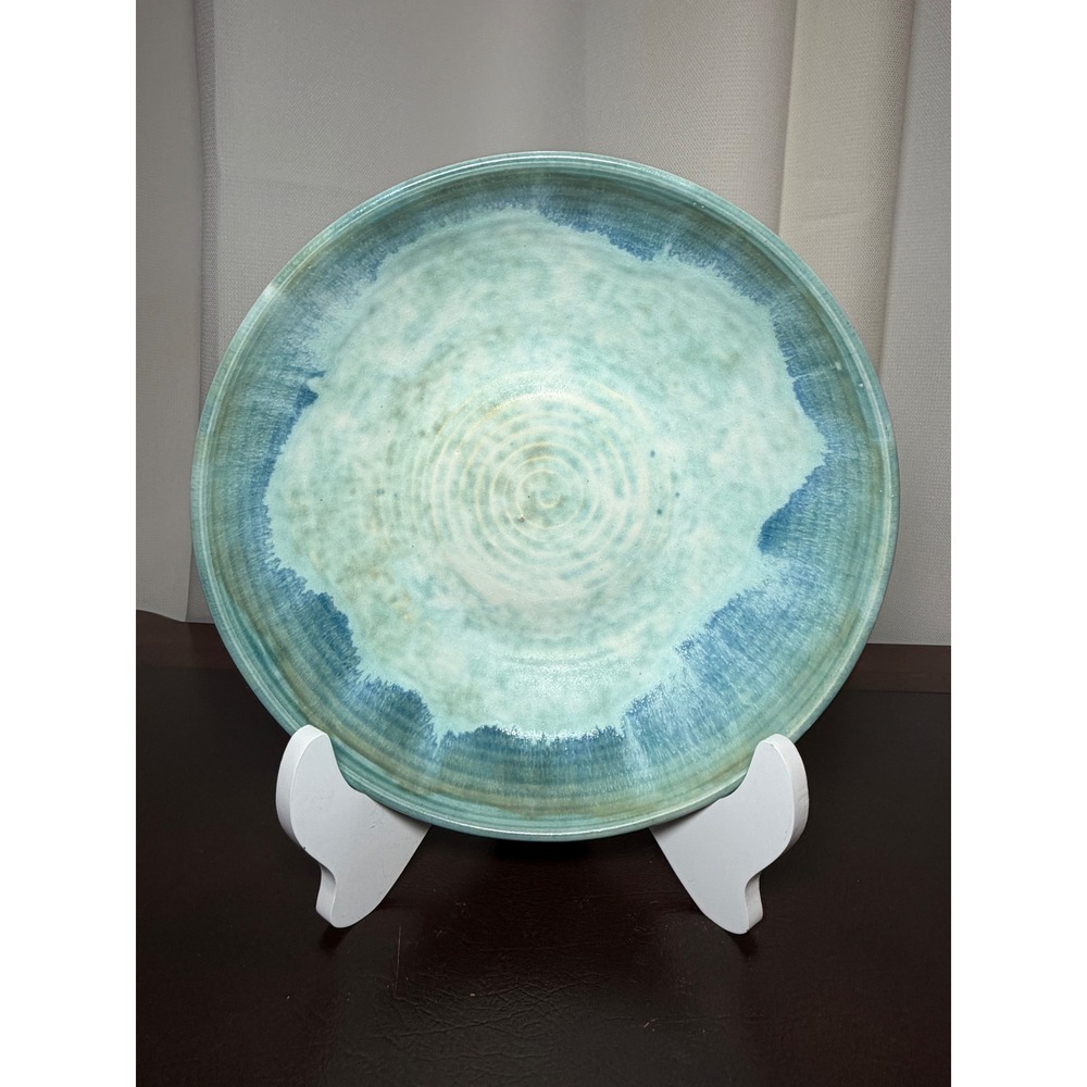 McCarty Pottery 9.5" Blue Green Glaze  Serving Bowl Signed Mississippi Pottery